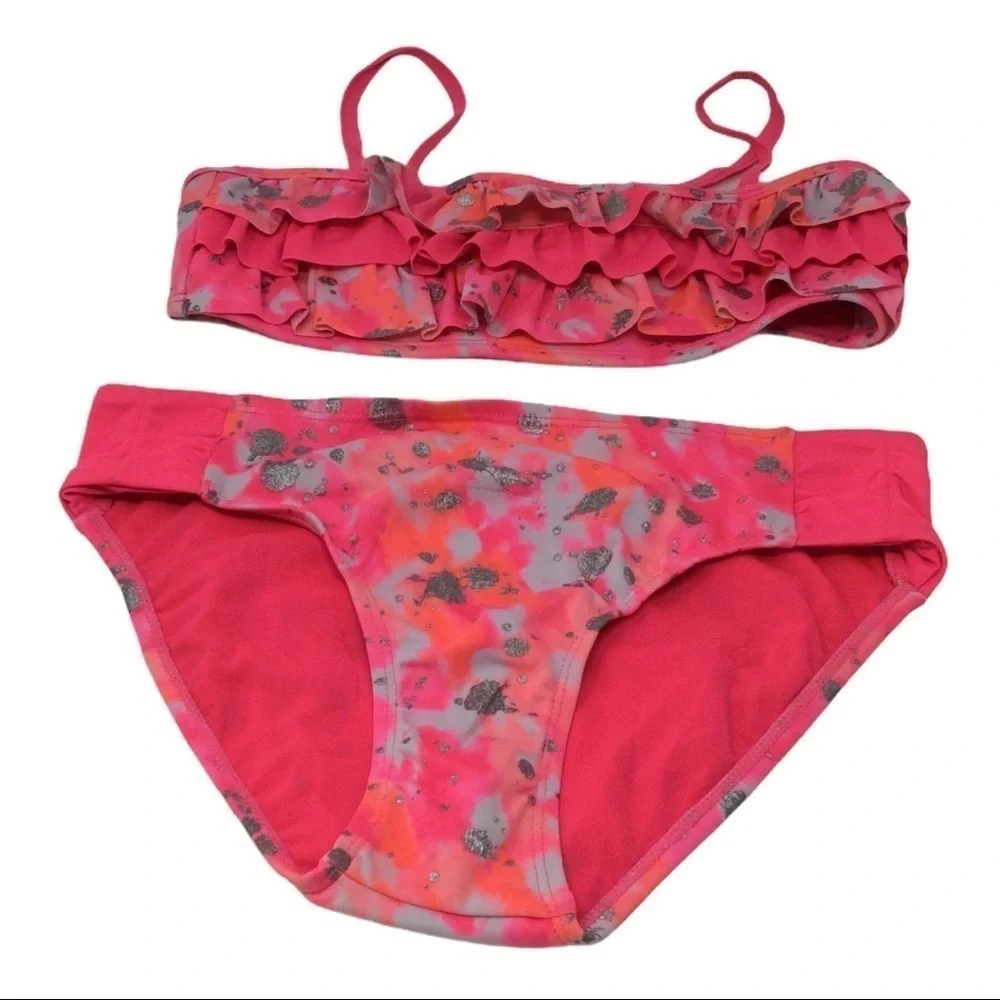 #025 Justice ruffle‎ pink& silver sparkly bikini Swimsuit